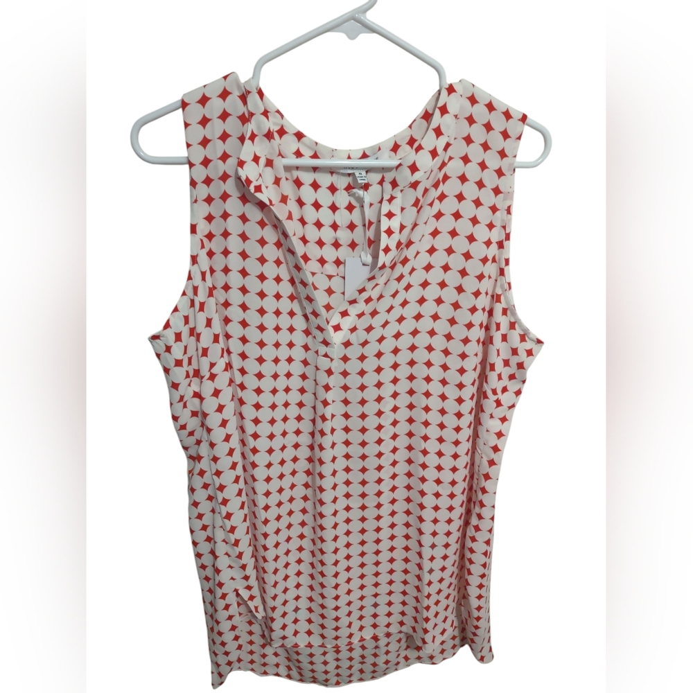 Rose + Olive High Low Geometric Blouse Red And‎ White XL Classic Casual Office